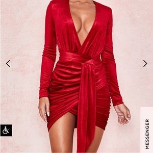 HouseOfCB FARRAH RED VELVET GATHERED DEEP V MINI DRESS - Size Small